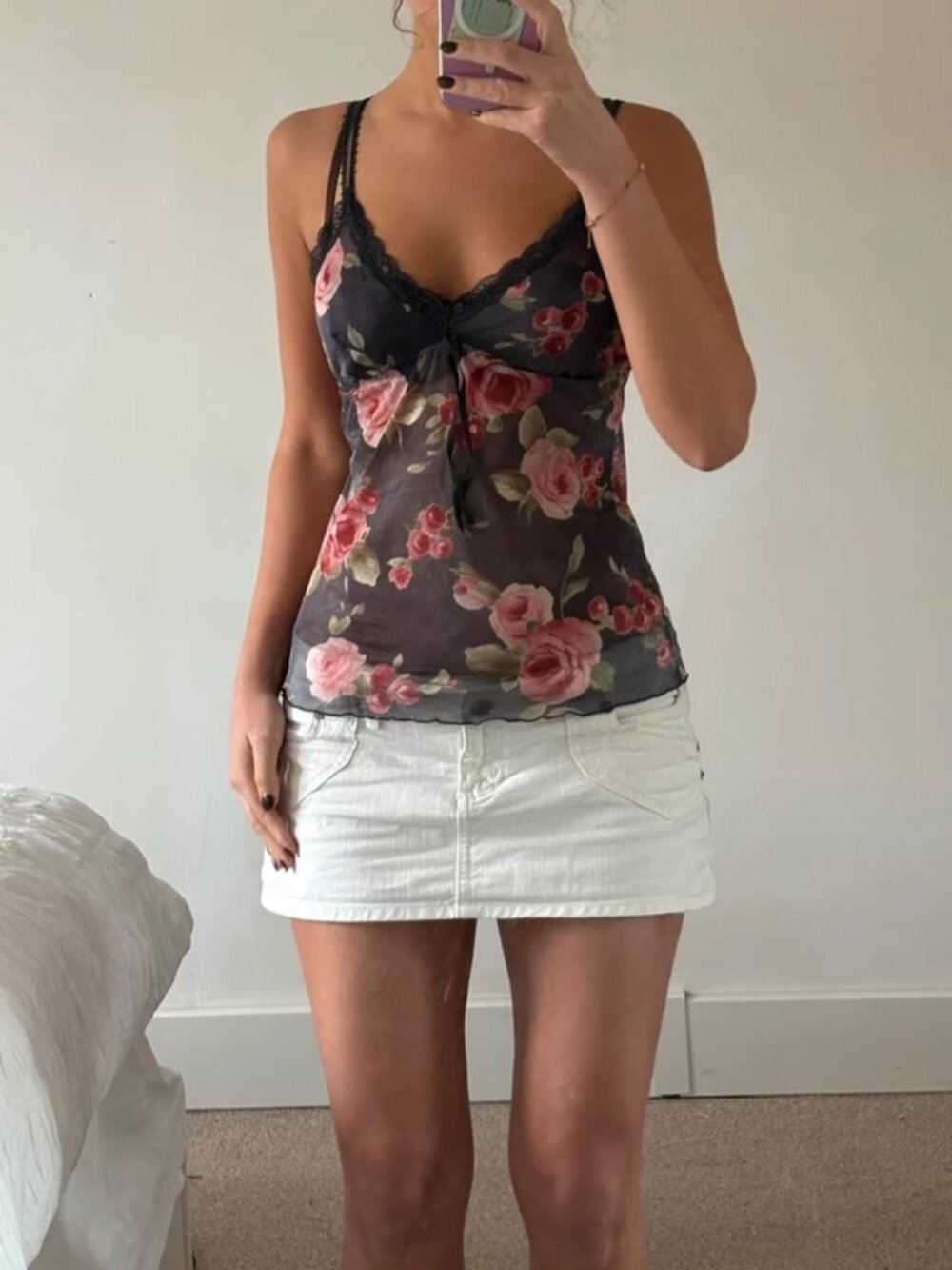 Y2K Vintage Black Floral Mesh Cami Top Lace Trim Sheer Spaghetti Strap Tank